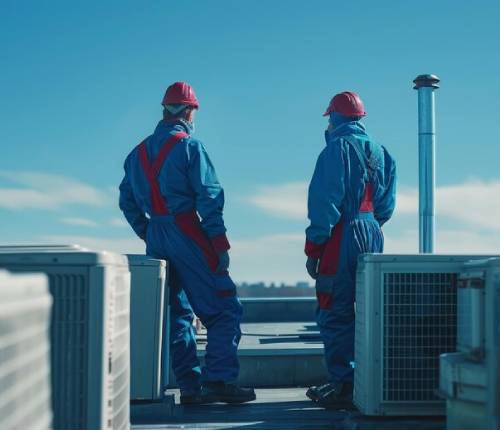 AC technicians sitting on rooftop
