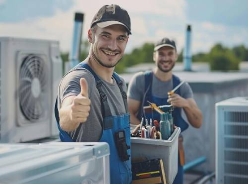 Two HVAC technicians repairing AC on roof